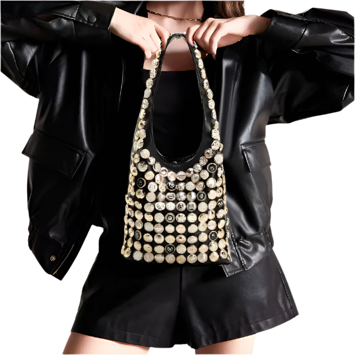 Brand Diy Button Shoulder Bag New Genuine Leather Lady Silver Dot Rivet Large Capacity Bucket Bag Hand-Sewn High-End Handbag